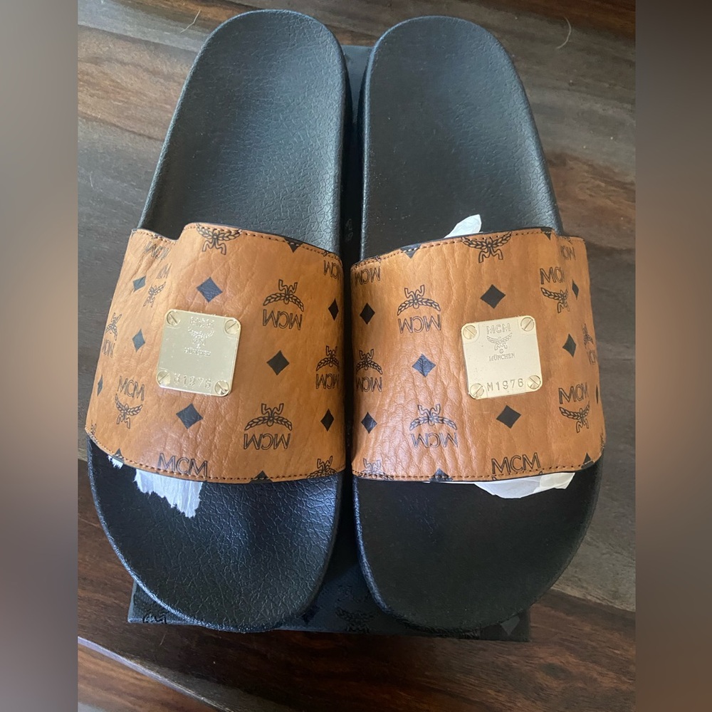 MCM Cognac Logo Slide Sandals with Gold Plaque